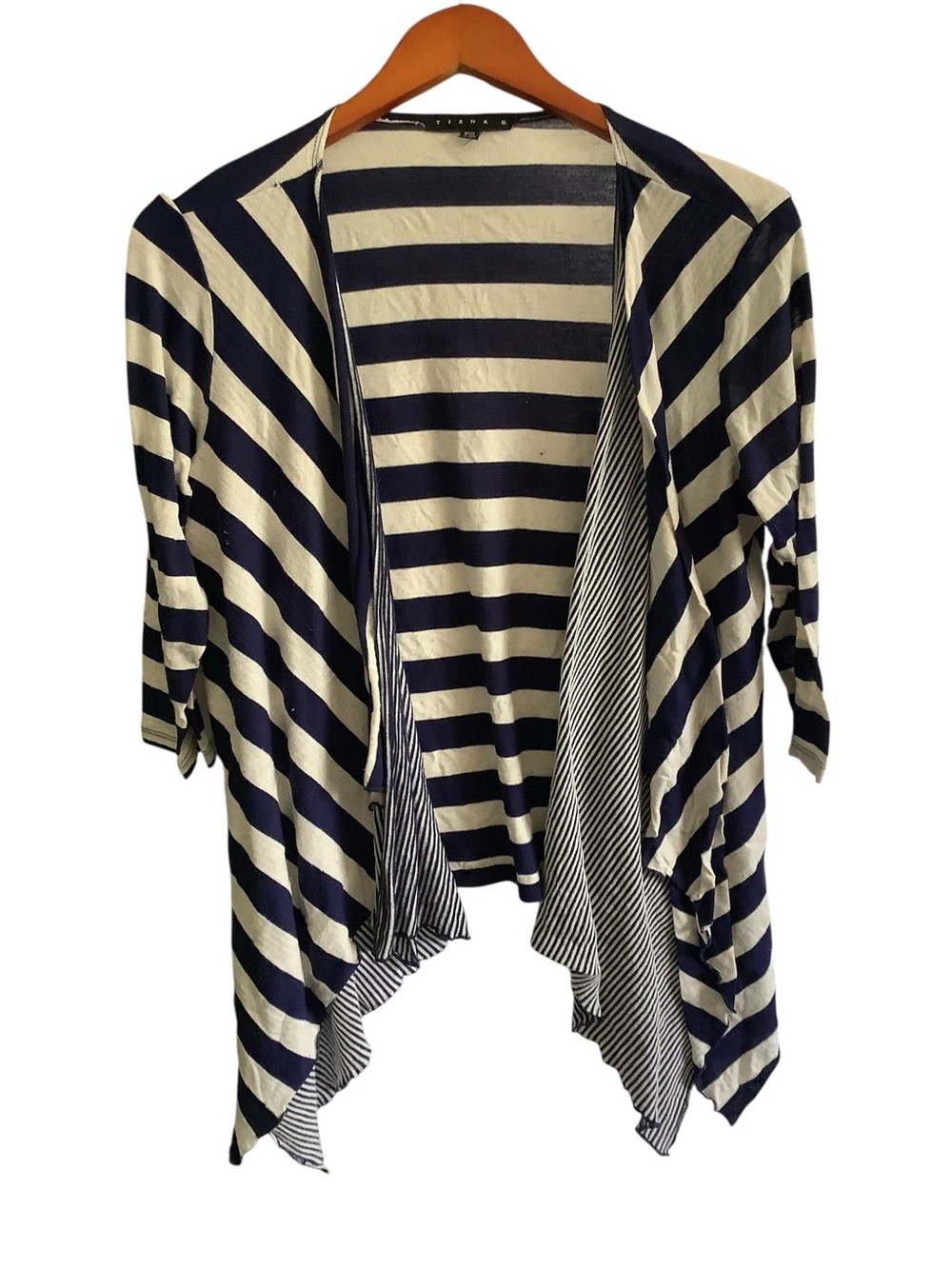 Medium Blue Ivory Striped Long Sleeve Open Front Cardigan Lightweight